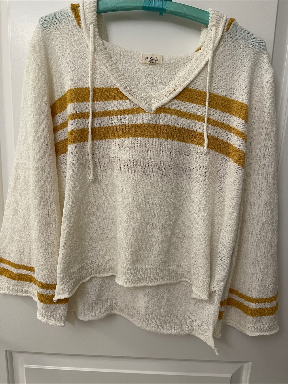 POL Cream and Mustard Striped Hooded Knit light weight Sweater